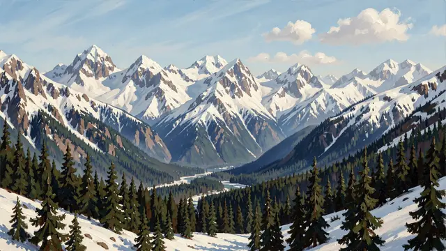 Oil painting view of sunlit snow-capped mountains rising above a forested pine valley