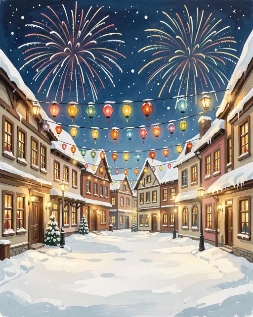 Illustrated snowy village street strung with lanterns under bursting fireworks on New Year's Eve