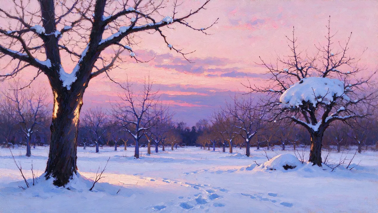 Oil painting of a snow-covered winter orchard under a soft pale pink dusk sky