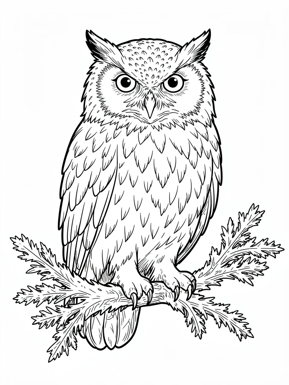 Intricate black and white line art of a fluffy owl perched on a frosty branch against a plain white background
