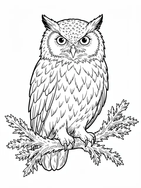 Intricate black and white line art of a fluffy owl perched on a frosty branch against a plain white background