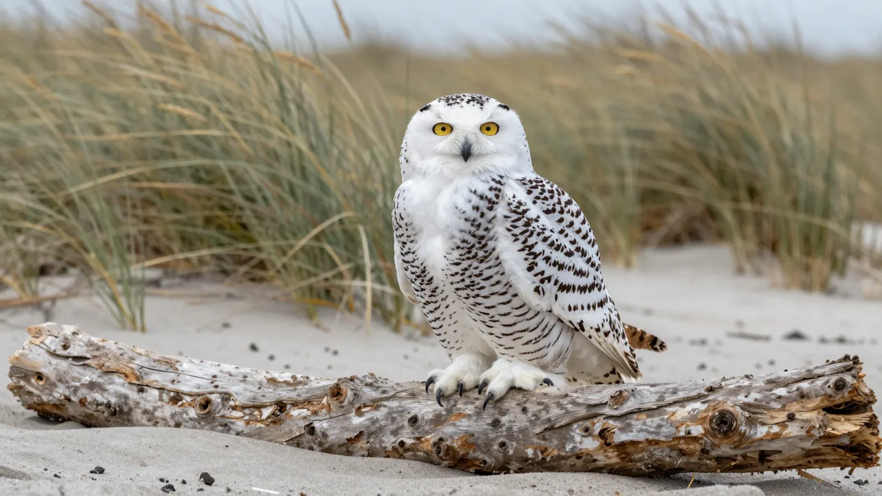 A snowy owl with bright yellow eyes perched on weathered driftwood on a sandy beach with dune grass behind it