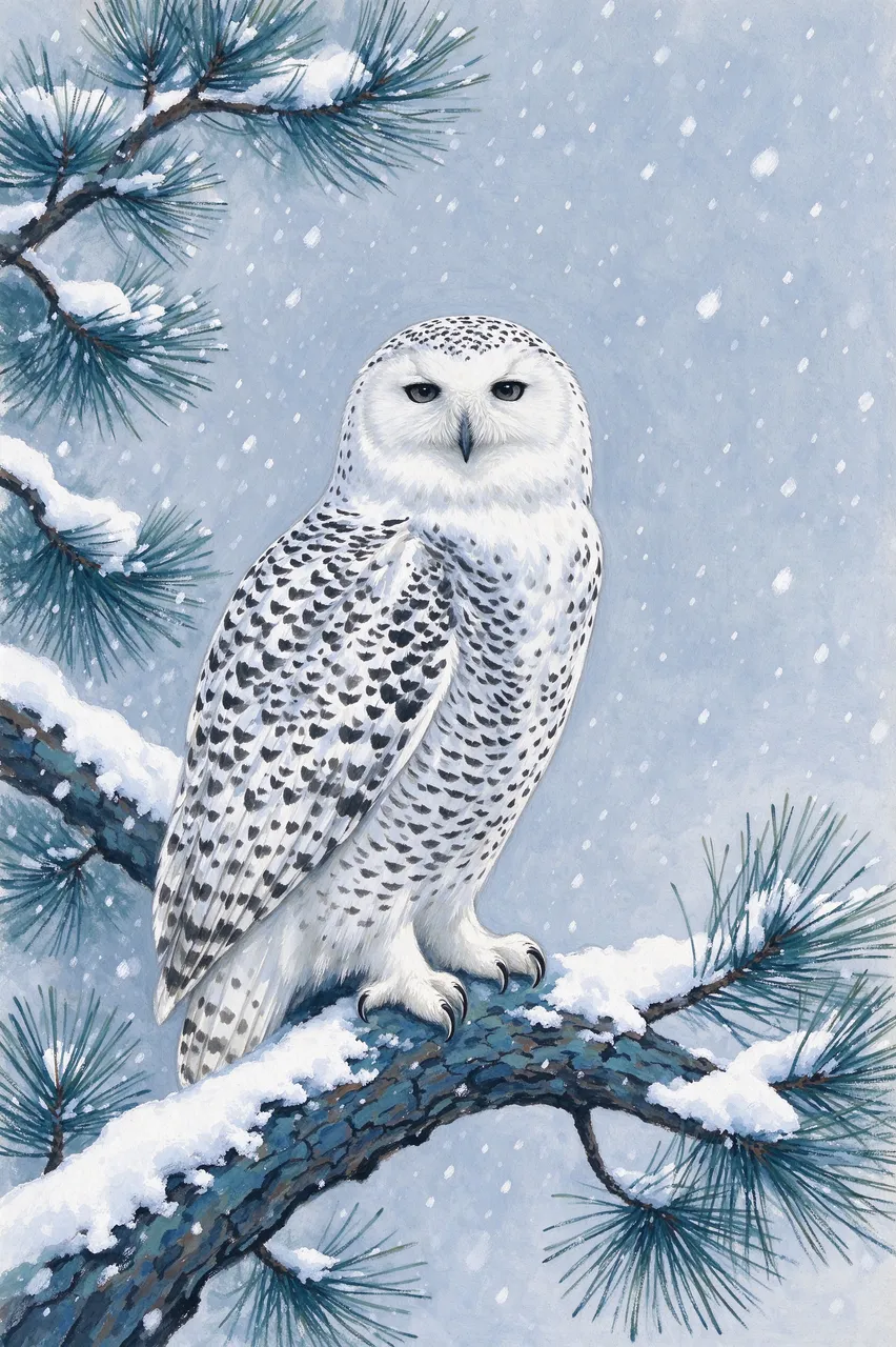 Gouache painting of a snowy owl perched on a snow-dusted pine bough under falling snow