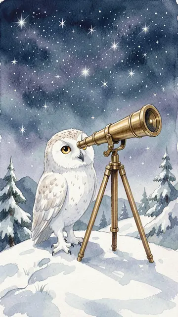 A snowy owl looks through a brass telescope on a snowy winter hilltop under a starry night sky