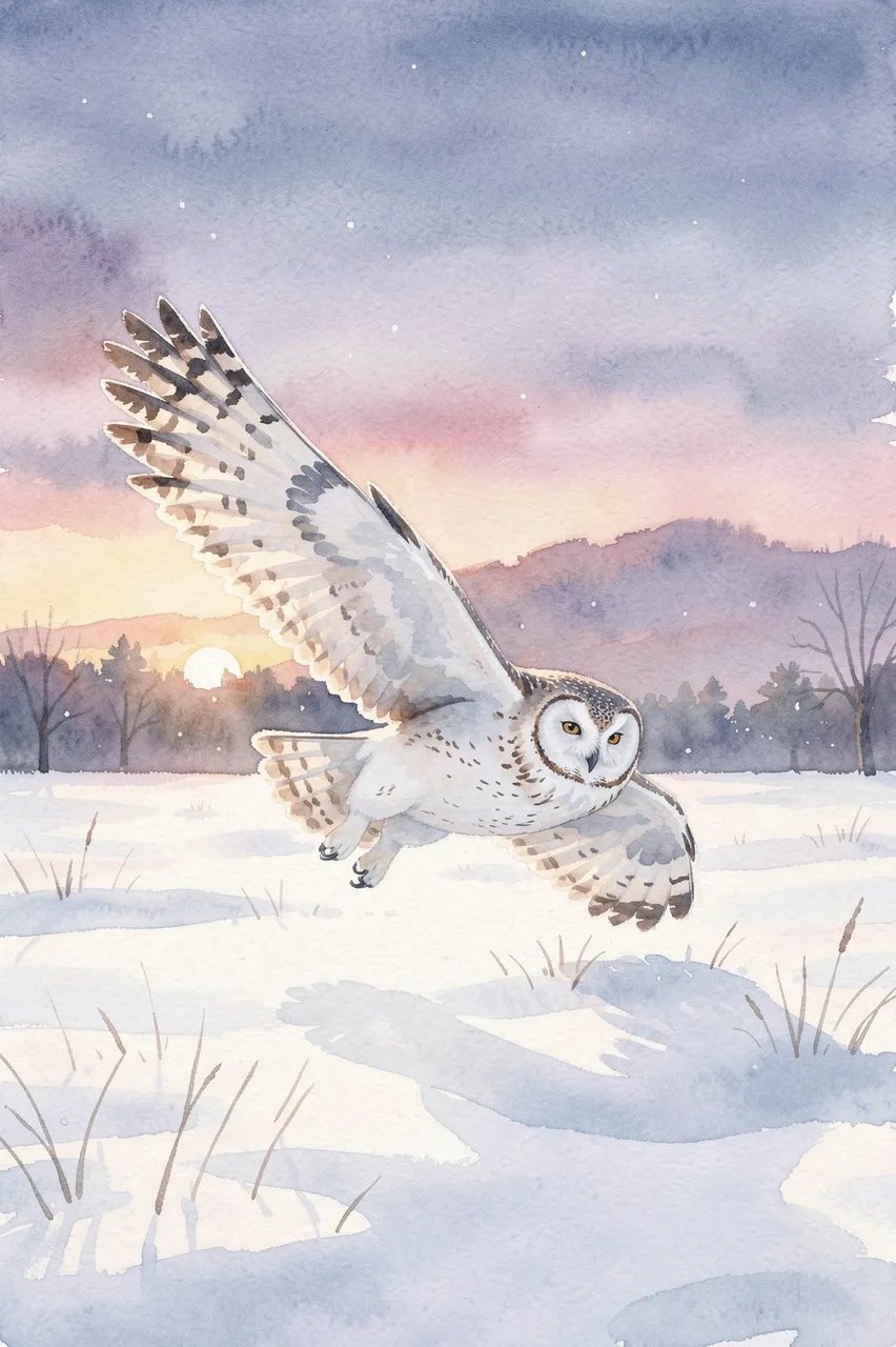 A snowy owl glides low over a snow covered field at soft pastel dusk in watercolor style