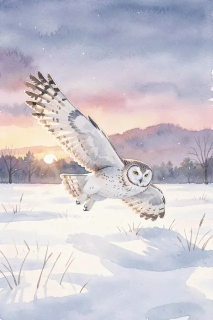 A snowy owl glides low over a snow covered field at soft pastel dusk in watercolor style
