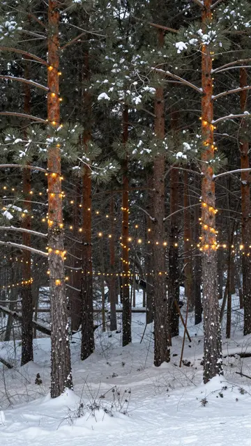 Dense snowy pine forest strung with warm glowing fairy lights above a snow covered path