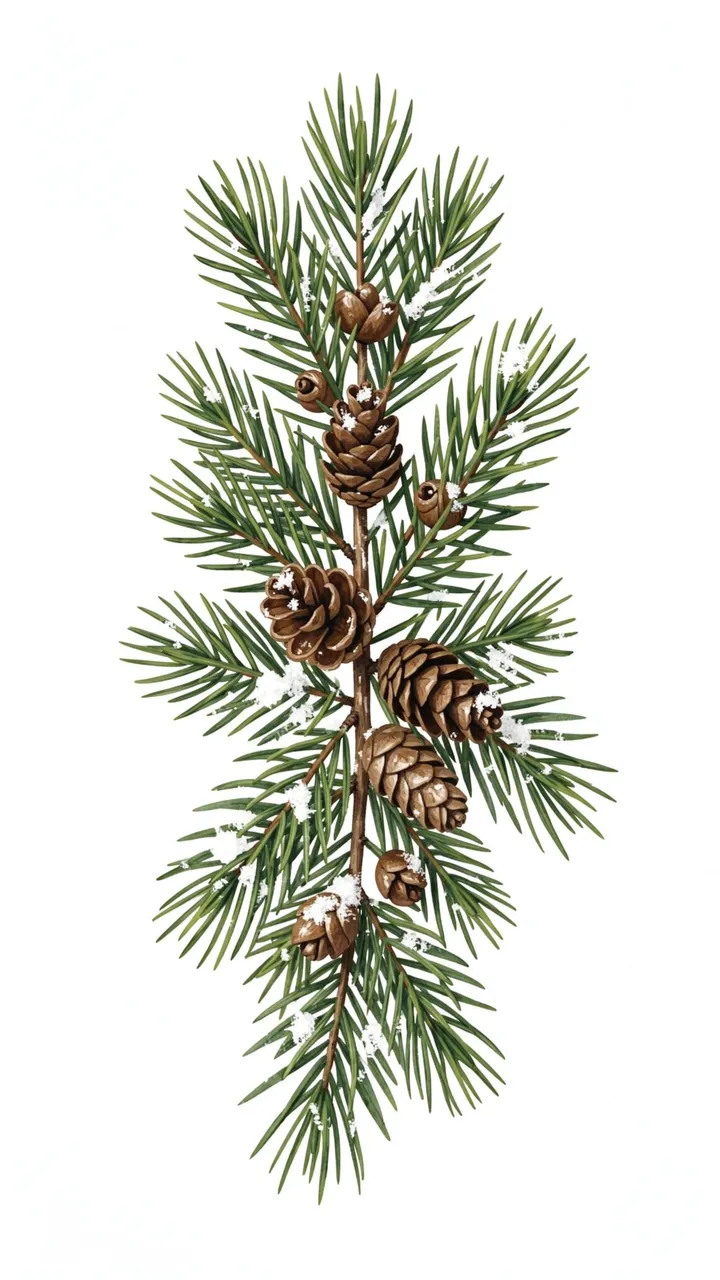 A hand-painted evergreen pine sprig with brown cones and light snow against a plain white background