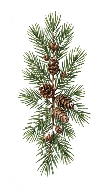 A hand-painted evergreen pine sprig with brown cones and light snow against a plain white background