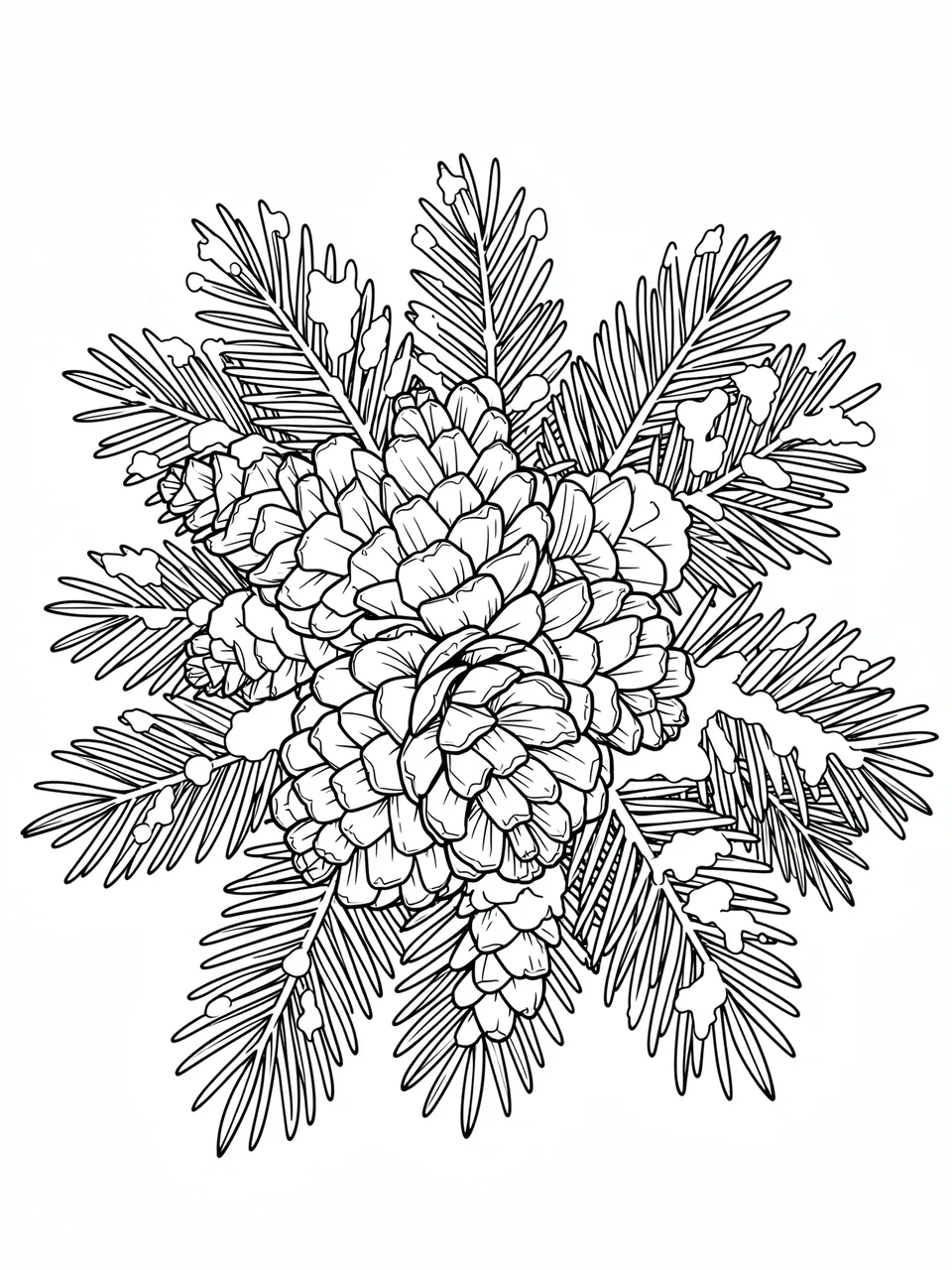 Black and white line art of an intricate pinecone cluster with pine branches and snow dusting on a plain white background