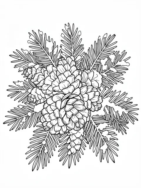 Black and white line art of an intricate pinecone cluster with pine branches and snow dusting on a plain white background