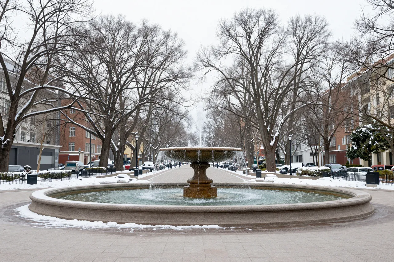 A circular stone fountain sits in a snow-dusted paved urban plaza lined with bare winter trees