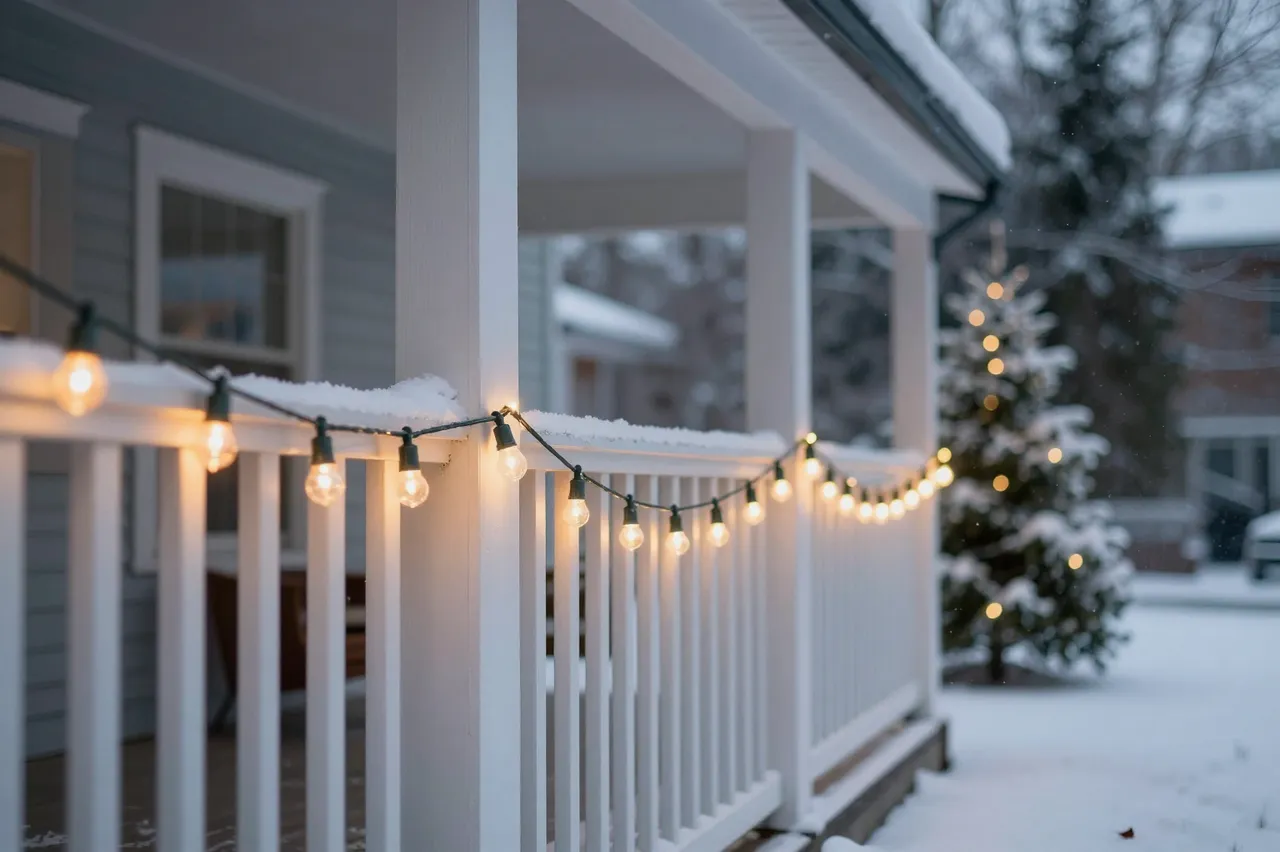 Warm string lights drape over a snow-covered home porch railing at dusk, with a lit outdoor Christmas tree in the yard