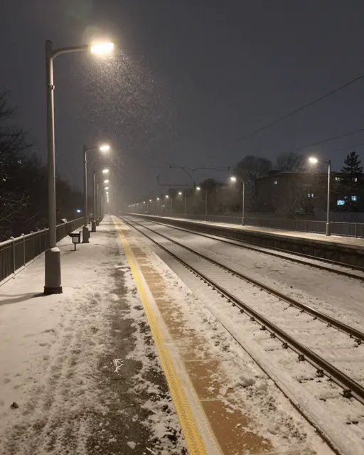 Illuminated elevated railway station platform on a snowy night, viewed from the near end of the tracks looking down the line