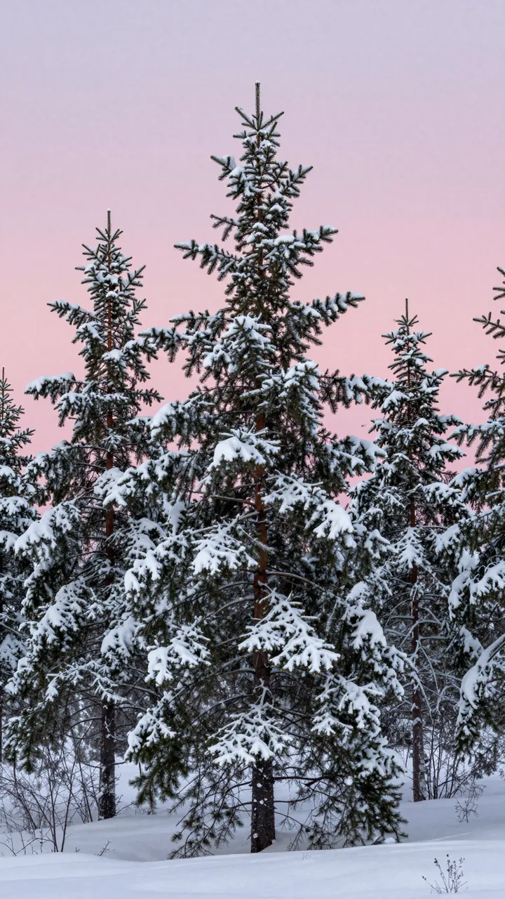 Snow-covered spruce trees stand against a soft pastel pink sky in a winter landscape