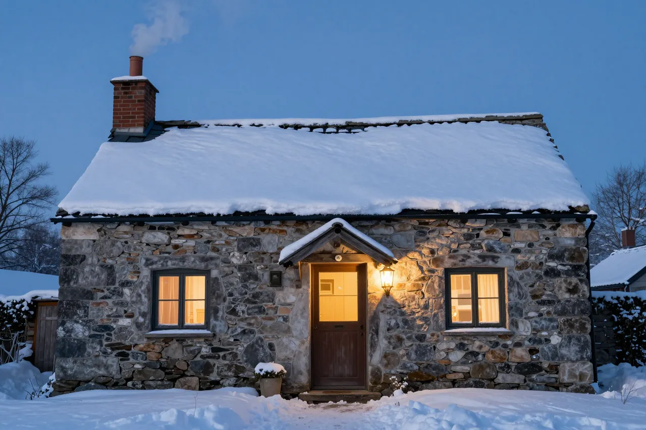 Cozy stone cottage blanketed in snow with rising chimney smoke and a lit wall lantern at blue hour