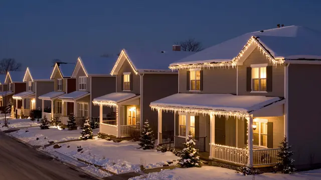 Row of snowy suburban homes lit with warm icicle Christmas lights on a quiet winter evening