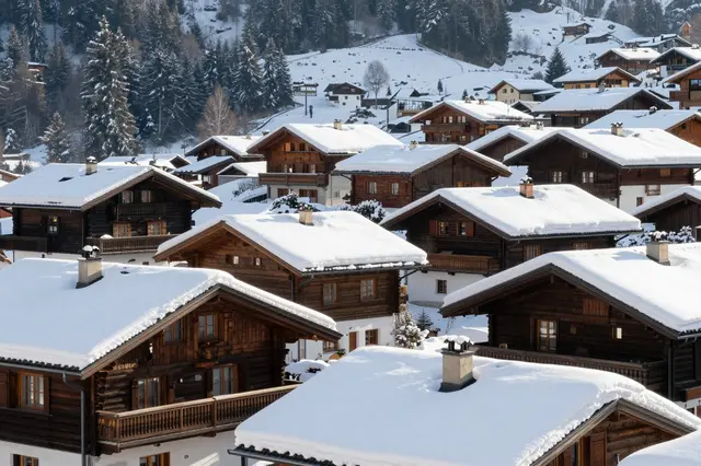 Sunlit alpine village with thick snow covering wooden chalet roofs in a mountain winter landscape