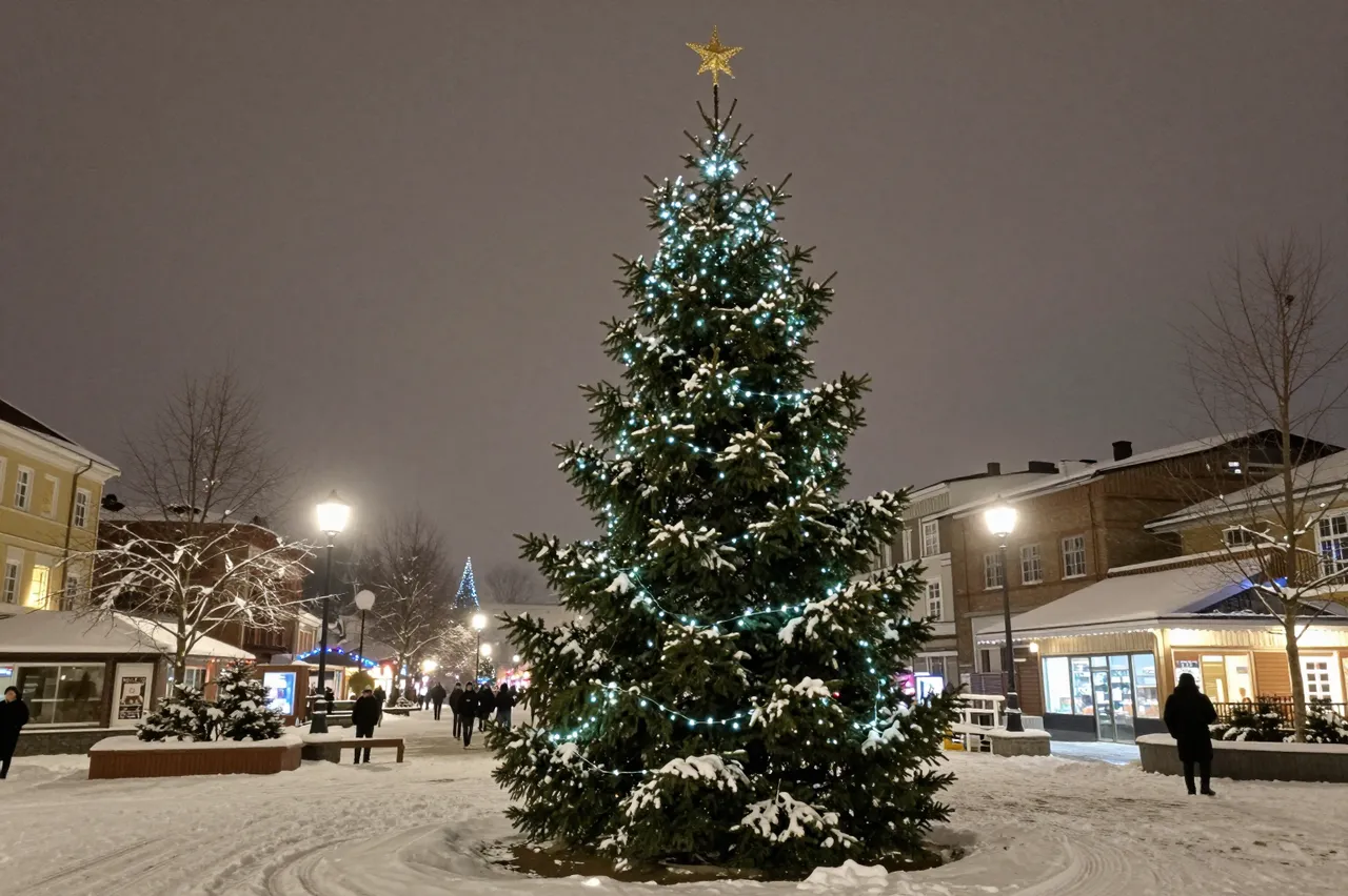 A lit snow-dusted Christmas tree stands in a snowy town square on a dark winter night