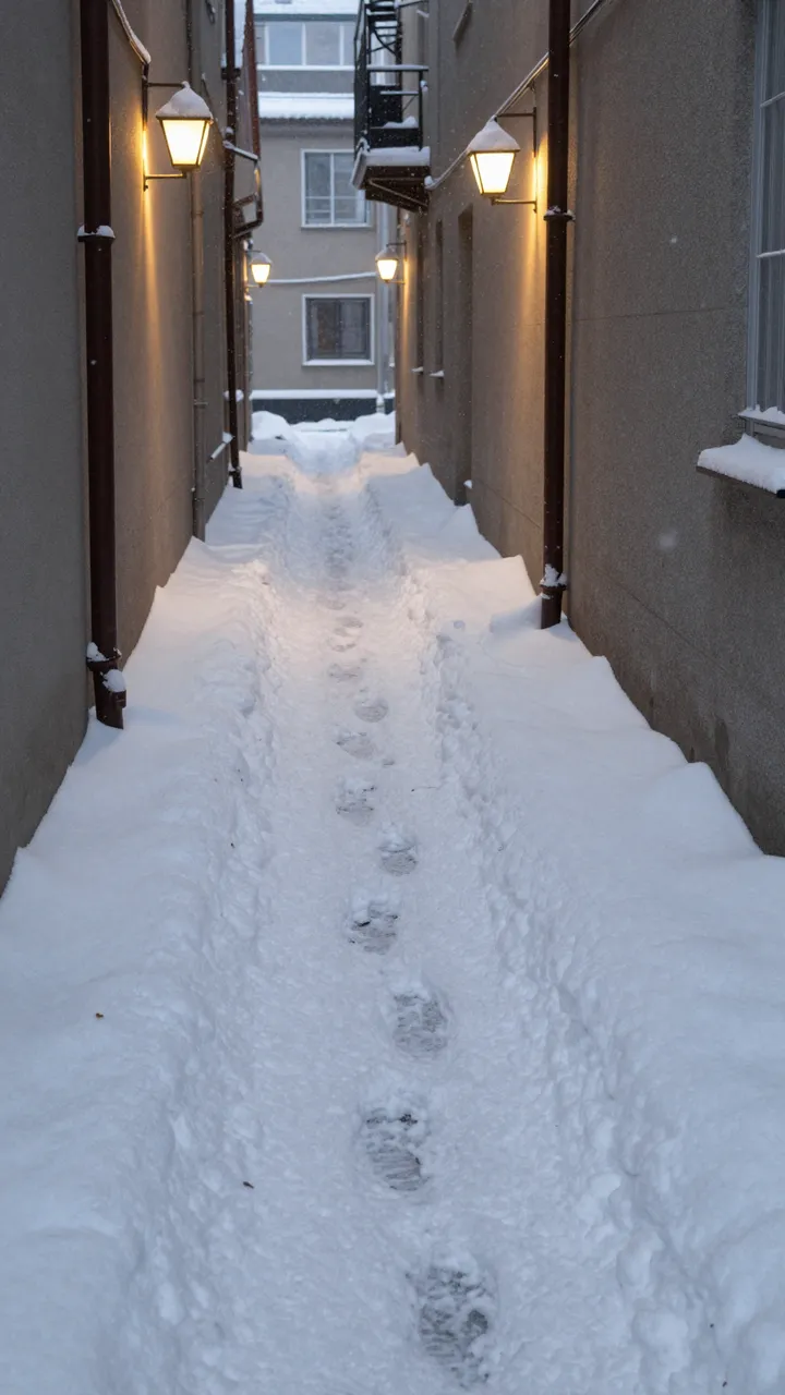 Narrow residential alley covered in fresh snow with glowing wall-mounted lamps and footprints leading into the distance