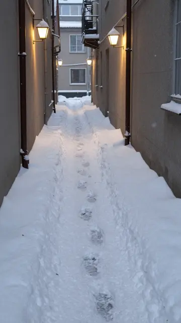 Narrow residential alley covered in fresh snow with glowing wall-mounted lamps and footprints leading into the distance