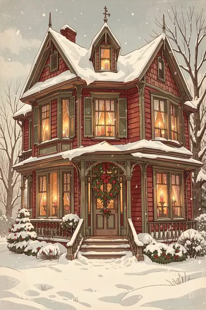 Vintage illustration of a snow-covered Victorian house with candlelit windows and a front door wreath during a gentle