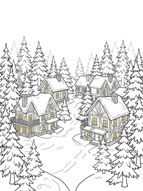 Black and white line art of a snowy cottage village surrounded by pine trees with warm glowing windows