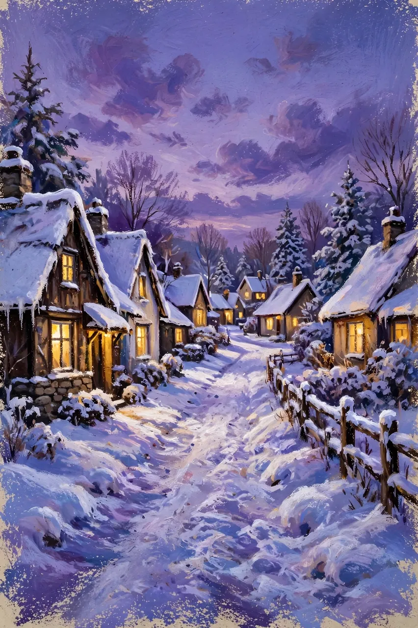 Oil pastel painting of a snow covered village lane with glowing cottage windows under a violet dusk sky, no people present