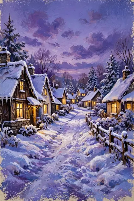 Oil pastel painting of a snow covered village lane with glowing cottage windows under a violet dusk sky, no people present