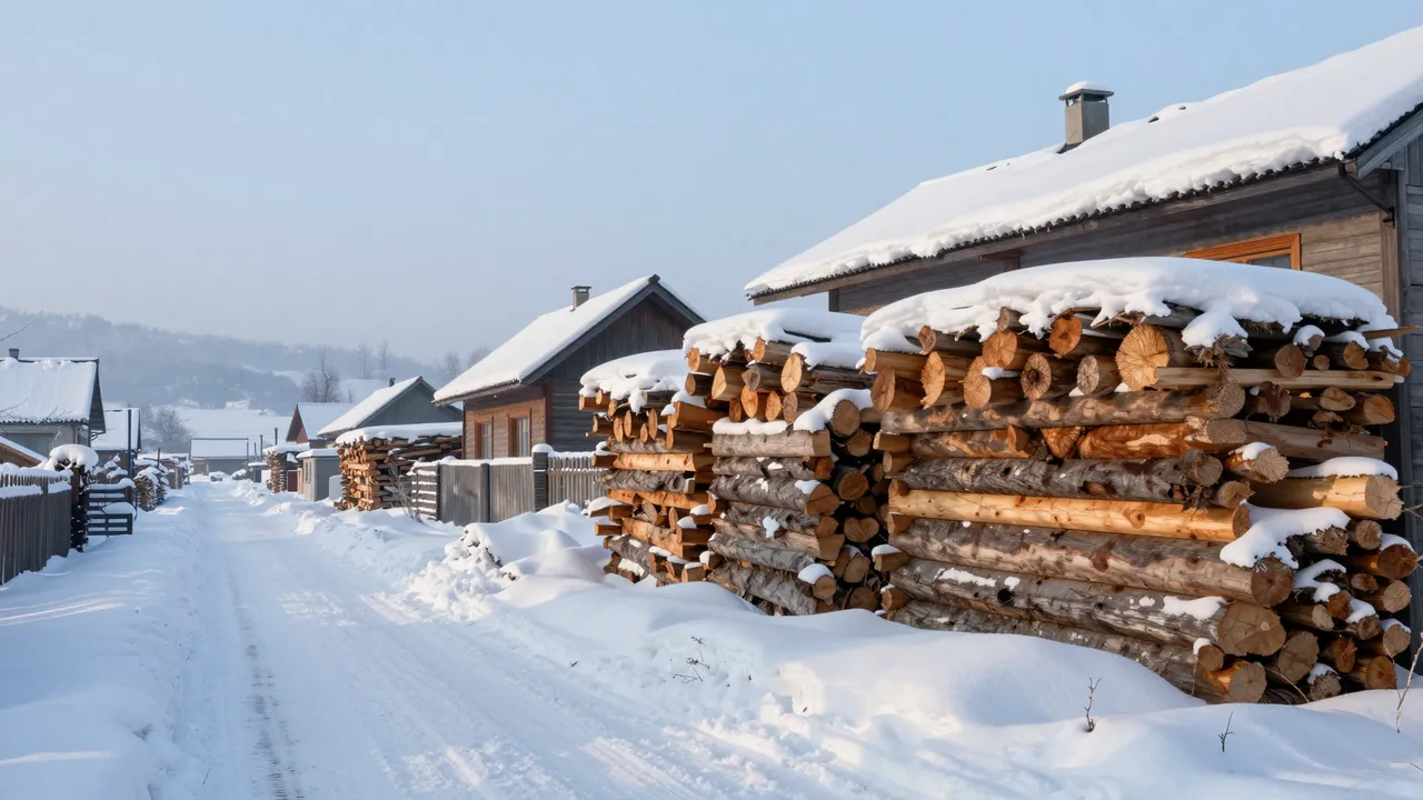 A snow-covered village lane lined with stacked firewood next to wooden houses under pale blue dawn light
