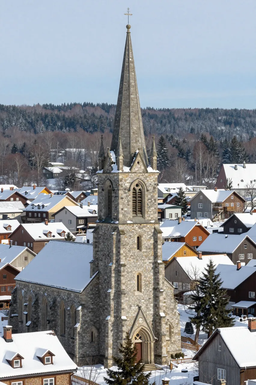 A tall stone church spire stands above snow-covered alpine village homes under a pale winter sky