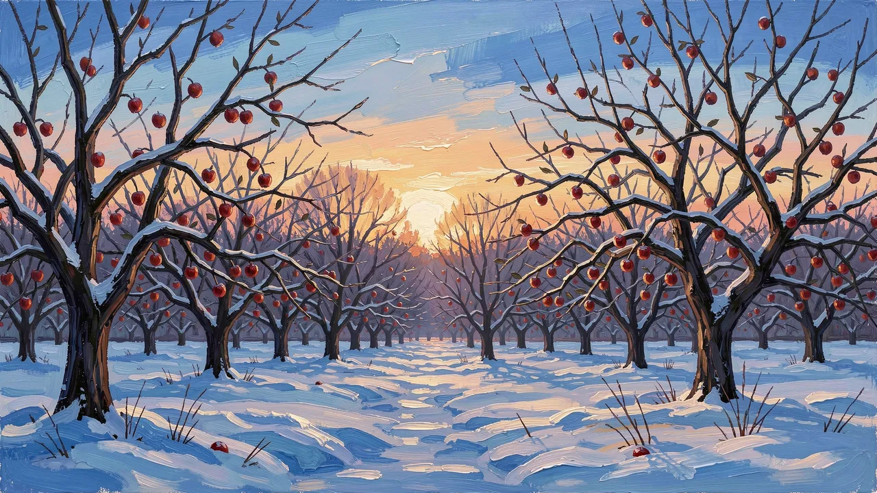 Palette knife oil painting of a snow-covered apple orchard beneath a glowing sunset sky