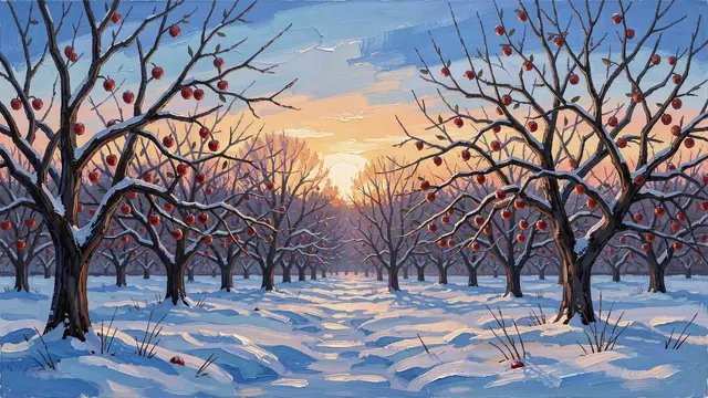 Palette knife oil painting of a snow-covered apple orchard beneath a glowing sunset sky