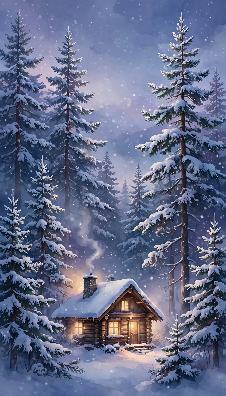 Glowing log cabin sits among snow covered pine trees as soft snow falls at twilight.