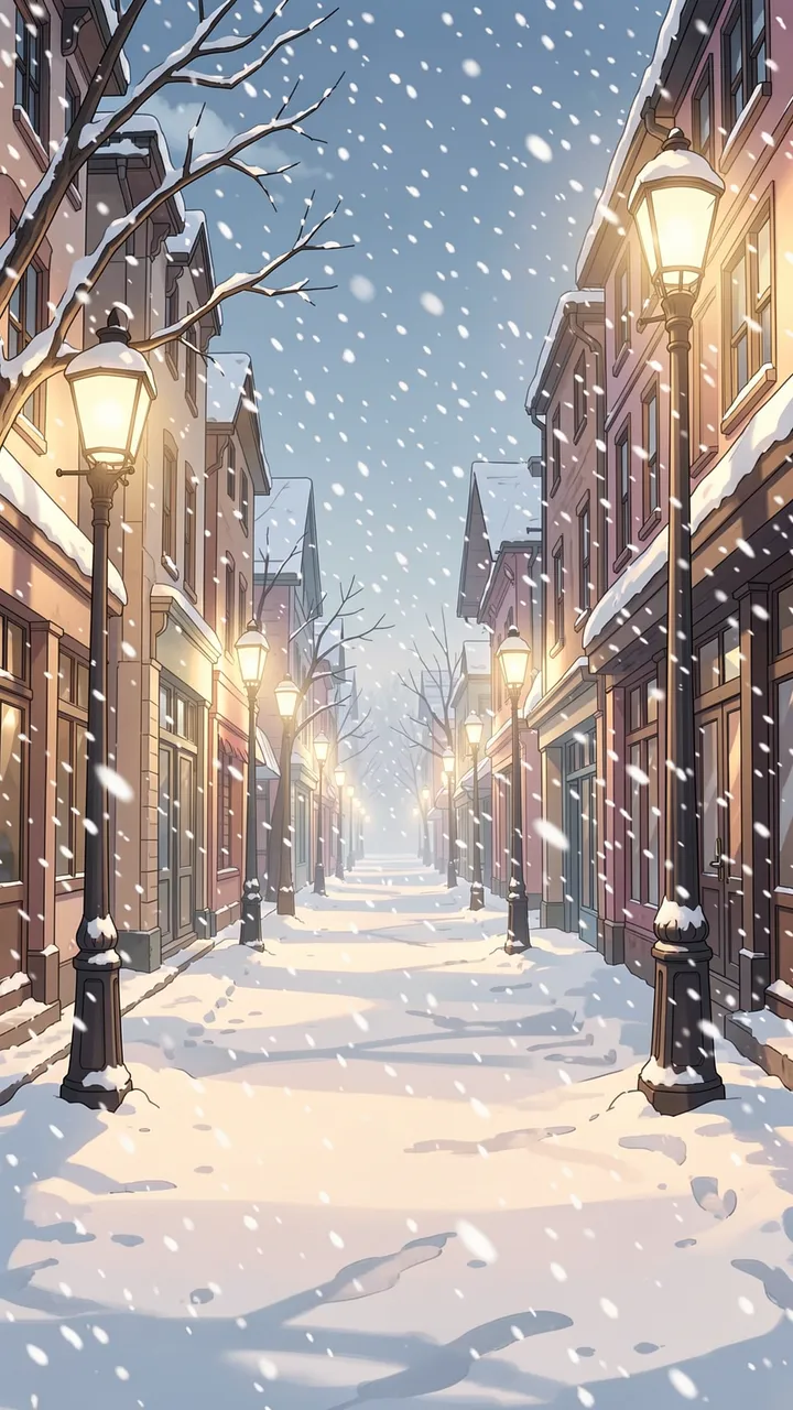Warm glowing vintage street lamps line a quiet snow-covered town lane as snow falls at dusk