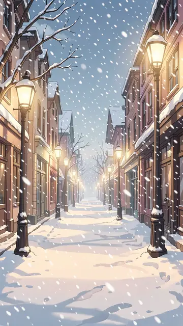 Warm glowing vintage street lamps line a quiet snow-covered town lane as snow falls at dusk