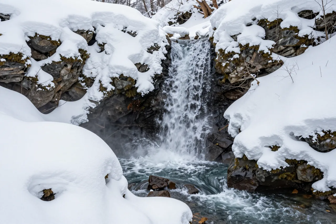 A flowing cascading waterfall surrounded by thick packed snow on rocky winter stream banks
