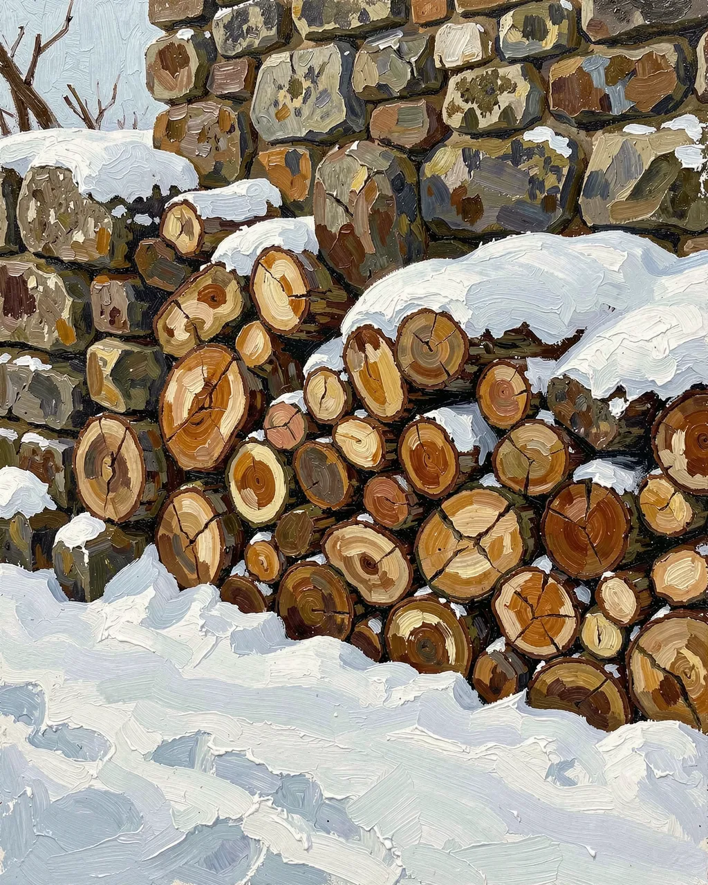 Thick impasto oil painting of a stacked firewood pile covered in fresh snow beside a rough stone wall
