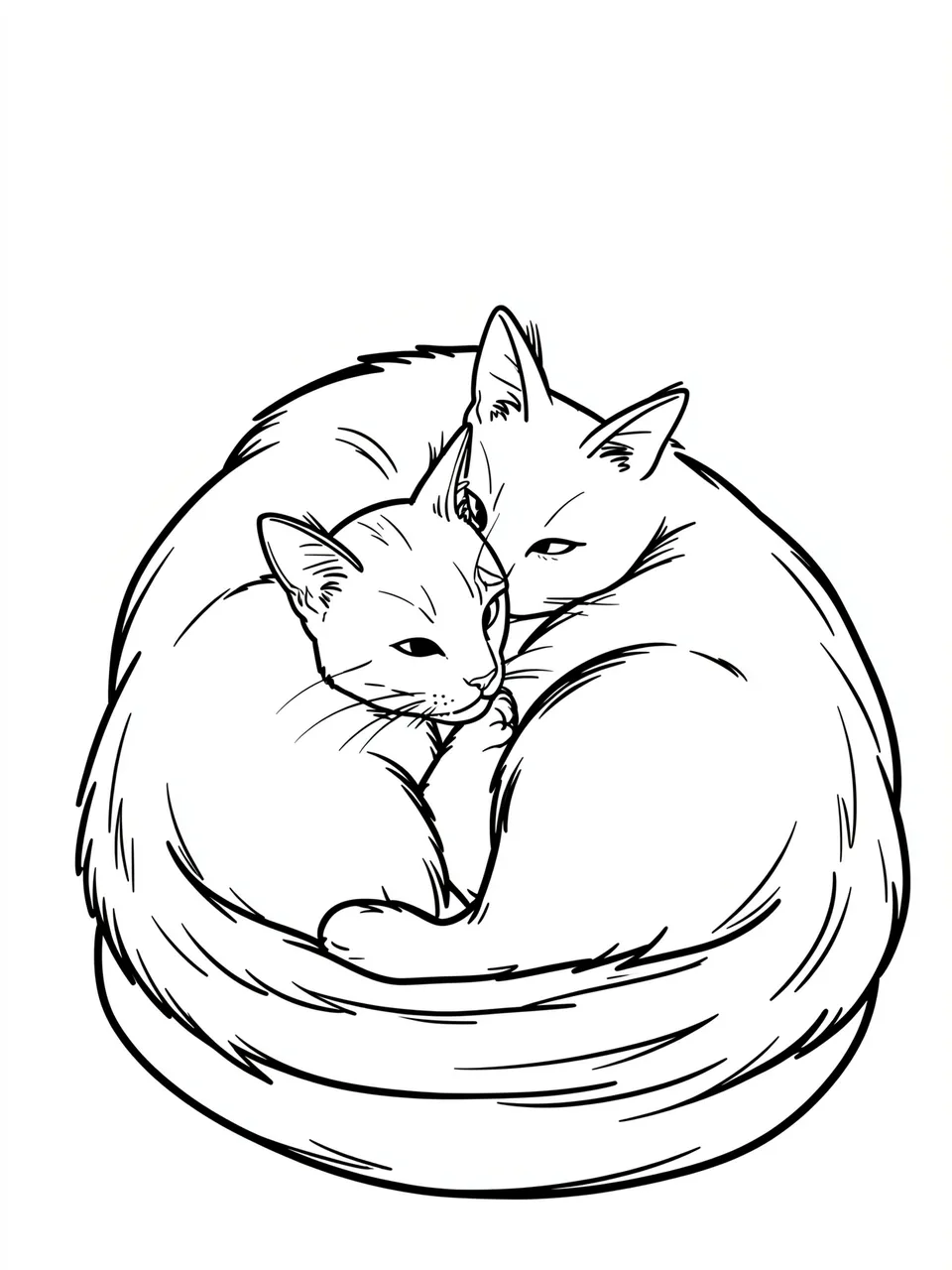 Bold black and white line art of a mother cat and kitten curled and snuggled together on a plain white background