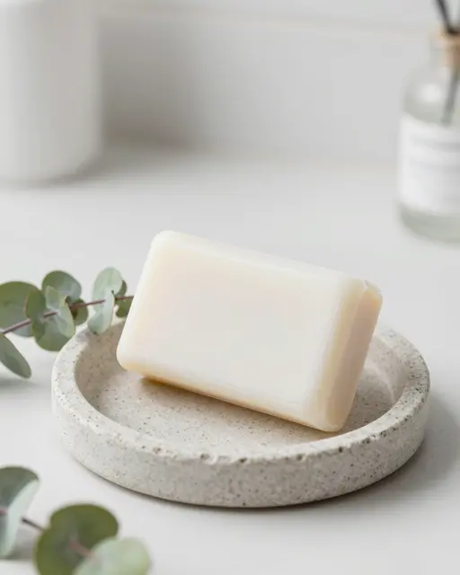 Plain white bar soap rests on a speckled stone dish beside eucalyptus sprigs in a bright minimalist bathroom setting.