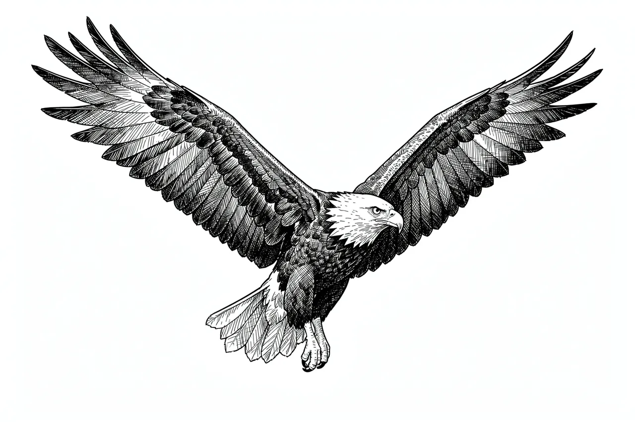 Pen and ink cross-hatch illustration of a bald eagle in flight with fully spread wings on a white background