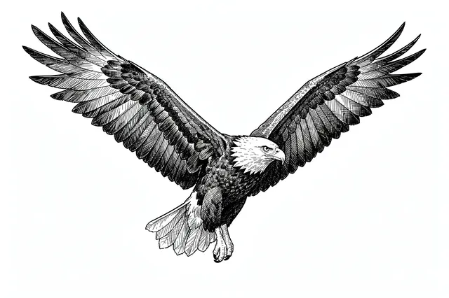 Pen and ink cross-hatch illustration of a bald eagle in flight with fully spread wings on a white background