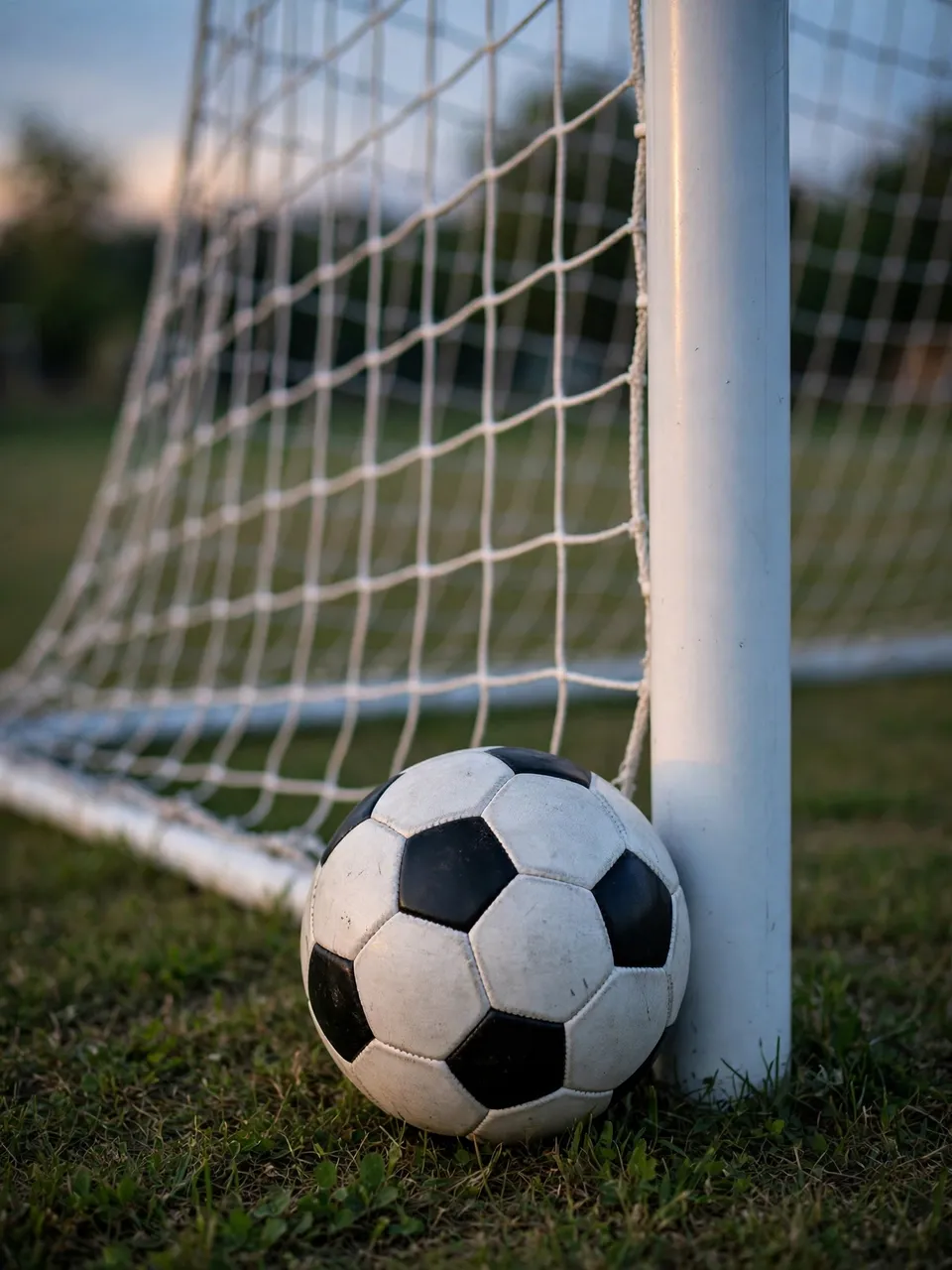 A classic black and white soccer ball rests against a white goal post on grass next to the goal net in soft evening light.