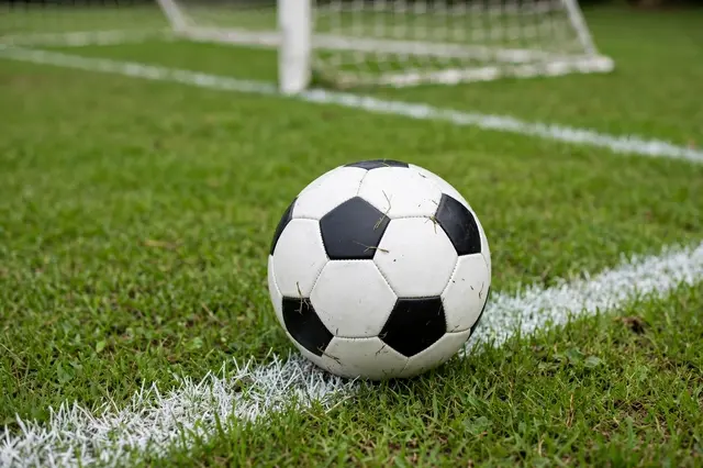 Classic black and white soccer ball rests on grass next to the goal line with a blurred soccer net in the background.