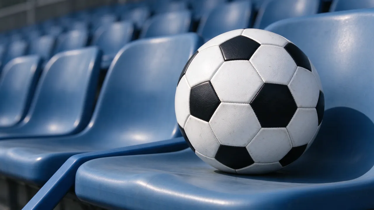 Classic black and white soccer ball resting on a blue plastic stadium seat with blurred empty seats behind