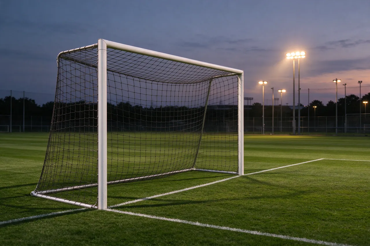 An empty soccer goal stands on a grass pitch under glowing stadium floodlights at twilight