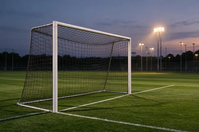 An empty soccer goal stands on a grass pitch under glowing stadium floodlights at twilight