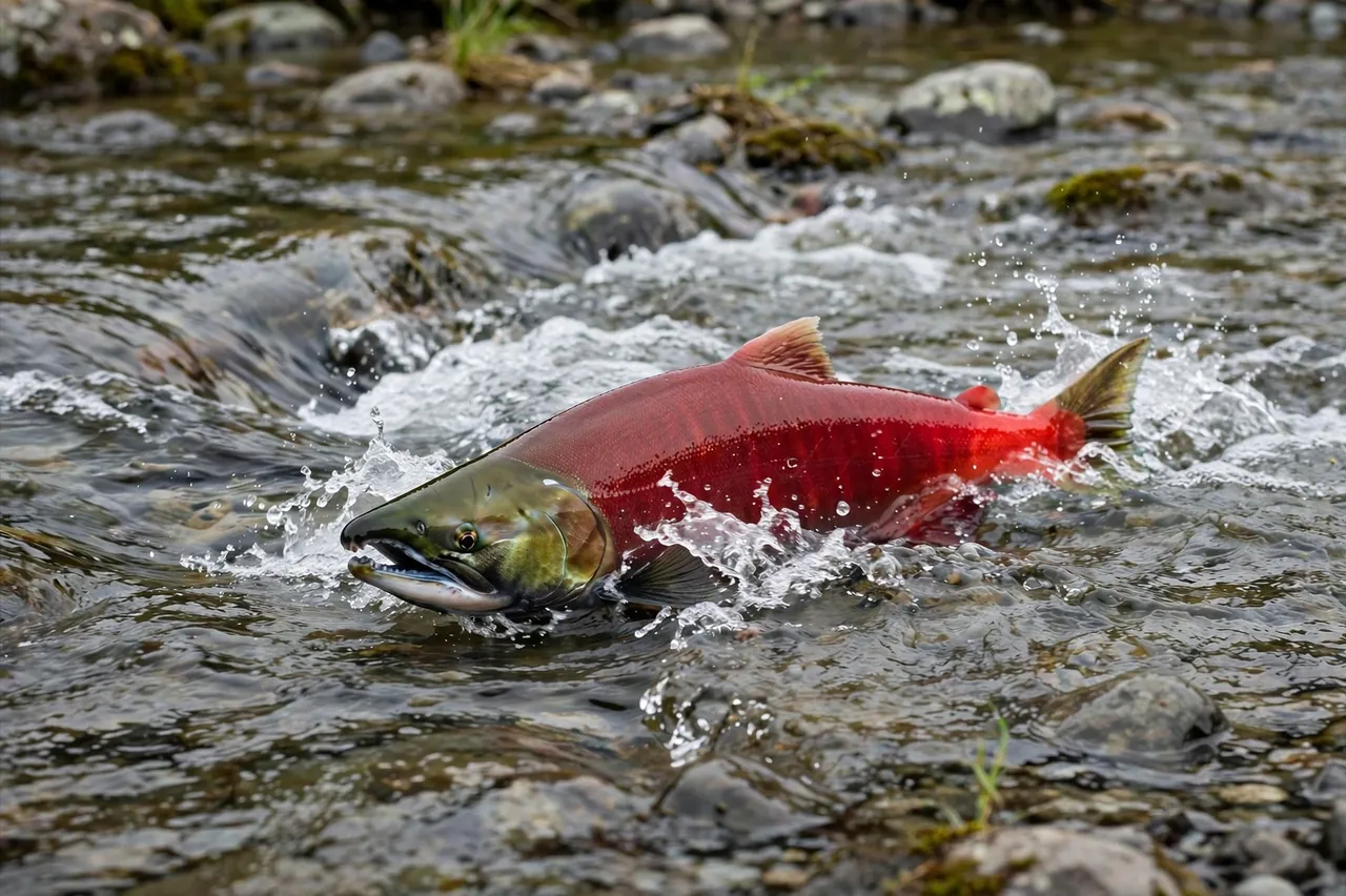 Bright red sockeye salmon with green head swims through shallow rocky stream rapids