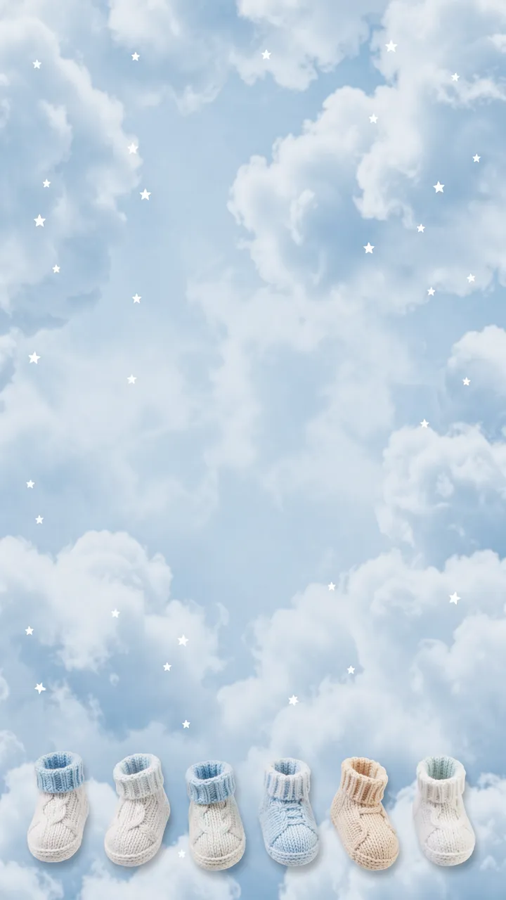 Vertical backdrop of soft blue clouds, scattered white stars and knitted baby booties along the bottom edge