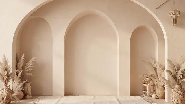 Warm neutral boho interior with plaster arches, pampas grass decor, and empty central copy space